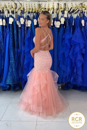 A blush Embellished Fishtail Prom Dress