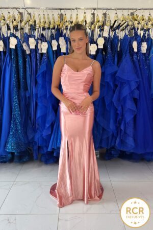 A slinky ruched satin prom & evening dress