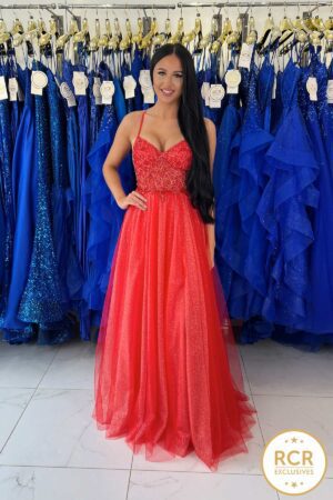 cherry red embelished prom dress
