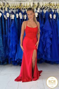 A slinky satin prom & evening dress with a leg split