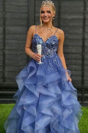 Phoebe Prentice wearing a ruffle ballgown in Indigo to her Prom.