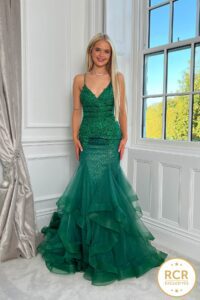 corset back emerald fishtail with glitter skirt