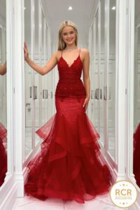red fishtail dress with corset back and glitter skirt