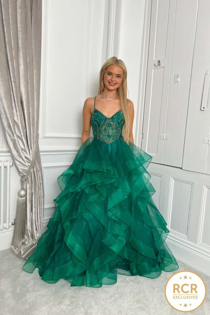 EMBELISHED CORSET RUFFLE BALLGOWN