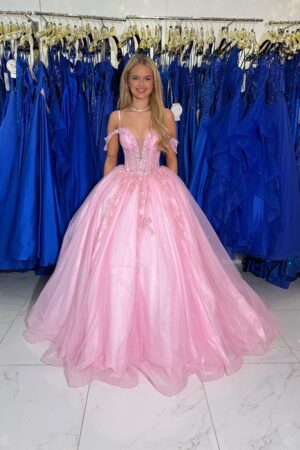 Sweet Pink Flowered Ballgown Prom Dress