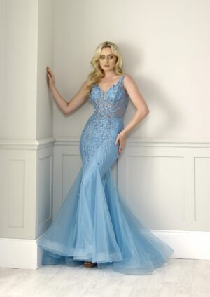 electric blue flowered fishtail prom dress