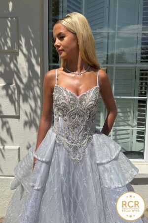 Silver embelioshed couture ballgown with corset back prom dress