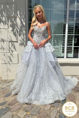 Silver embelioshed couture ballgown with corset back prom dress