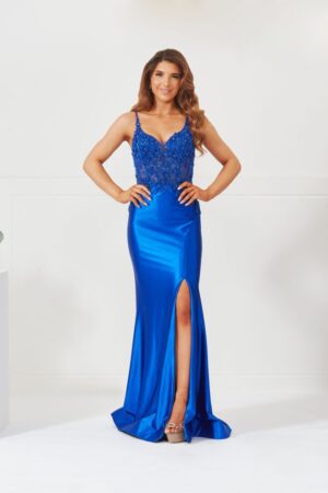 ROYAL BLUE FLOWERED CORSET SATIN PROM DRESS