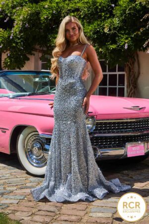 Silver embellished prom and evening dress