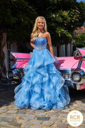 baby blue strapless ruffle ballgown