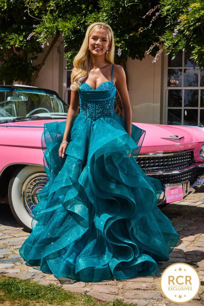 teal corset embelished ruffle ballgown prom dress