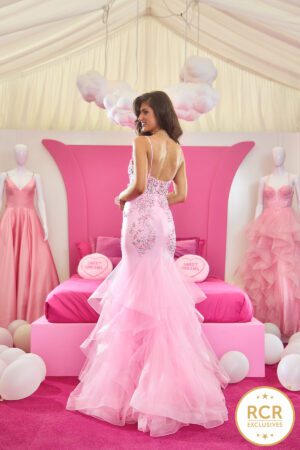 A stunning fishtail gown with lace embroidery.