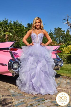 lilac embroided corset ruffle prom dress
