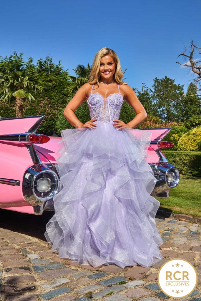 lilac embroided corset ruffle prom dress