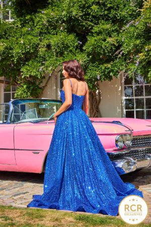 royal blue pearl embellished ballgown prom dress