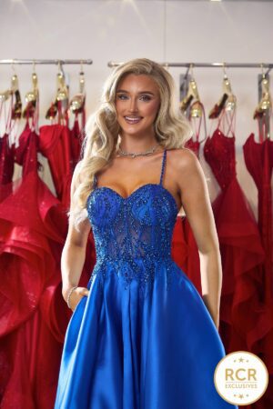 Satin Ballgown prom dress with a lace up corset back and a gem detailed bodice finished with a hidden leg split.