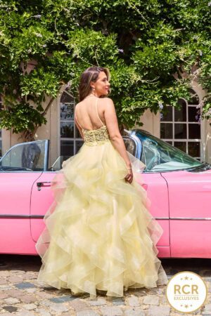 yellow corset ruffle prom dress
