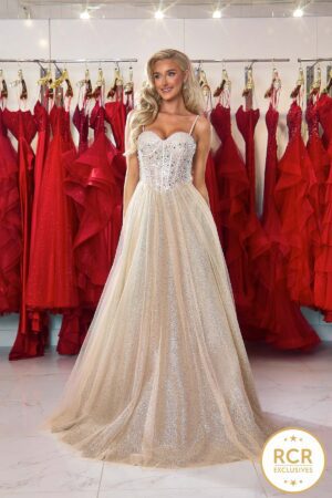 PIPER is an intricate quality champagne A-line dress combining small embellishments & pearls. A unique & perfectly made Prom & Evening dress that sparkles in the light.