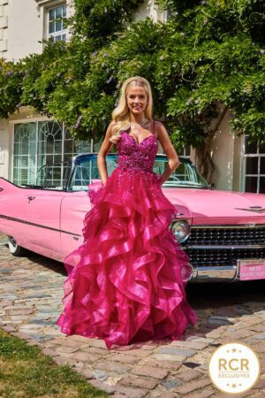 raspberry embellished ruffle ballgown prom dress