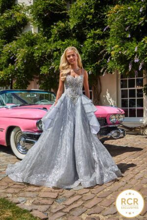Silver embelioshed couture ballgown with corset back prom dress