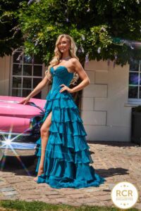 teal tiered ruffle prom dress