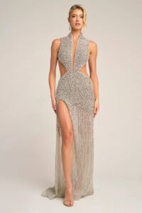 handmade crystal-encrusted couture silver evening & prom gown with cut outs & a leg split