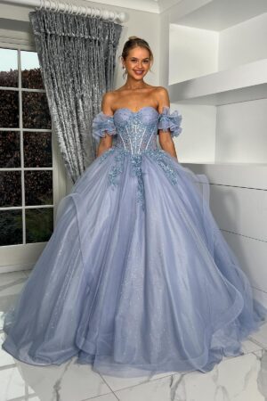 Blue/Grey Off The Shoulder Princess Ballgown