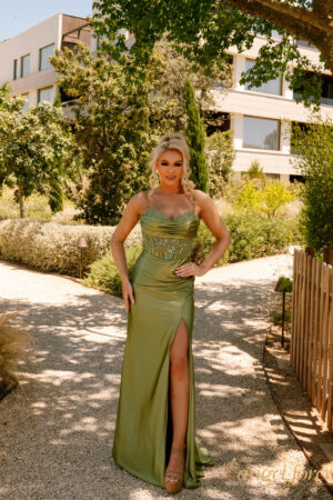 sage slinky satin prom dress