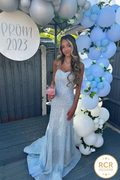 BELLE is an intricate quality cinderella blue fishtail dress combining small embellishments & pearls. A unique & perfectly made Prom & Evening dress that sparkles in the light.