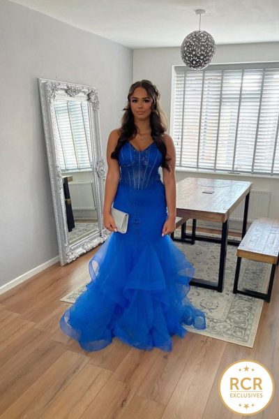 fishtail prom dress with a ruffle bottom and a corset bust\